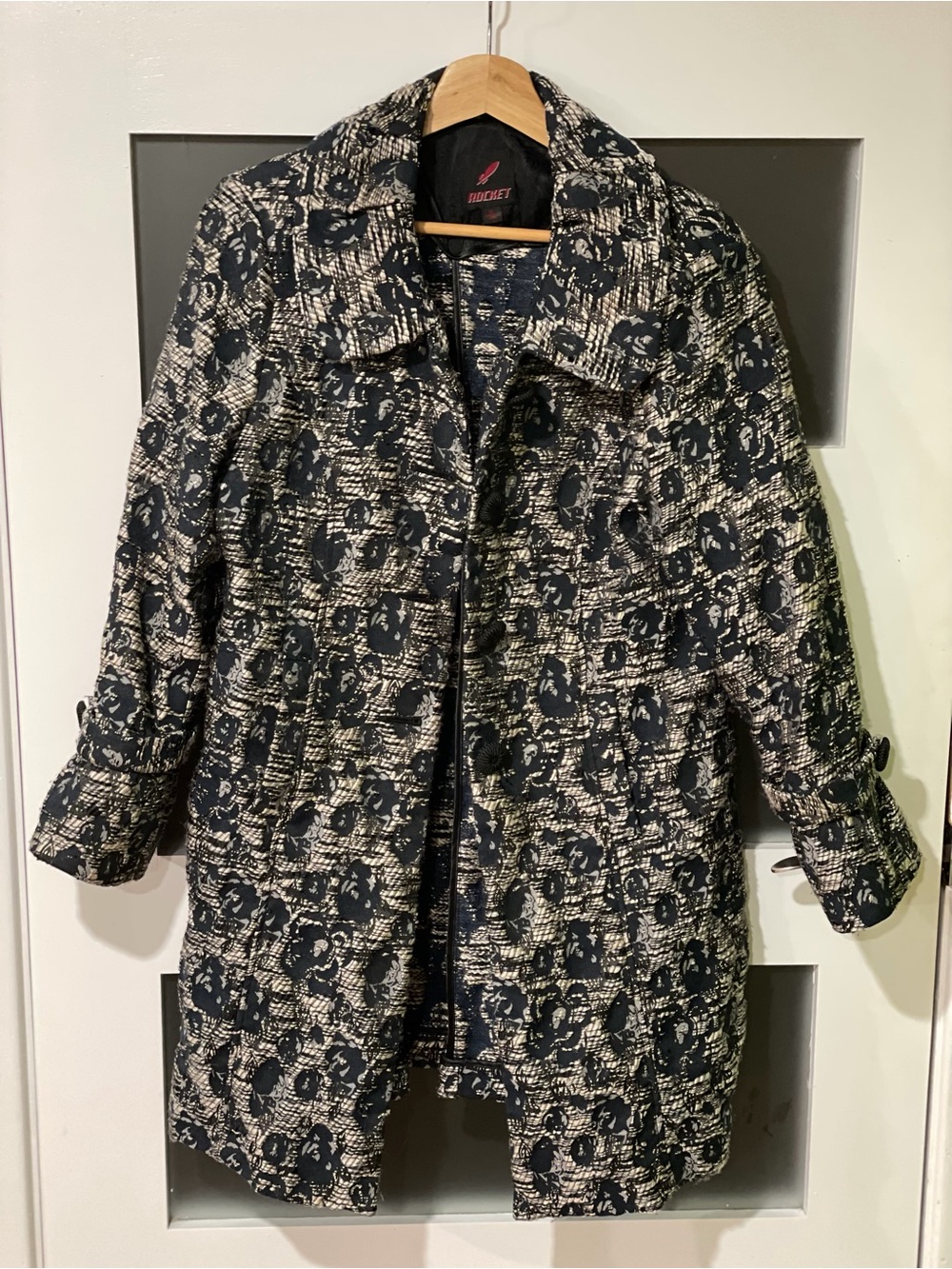 Black & Cream Floral Textured Trench Coat - Rocket